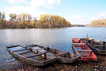  Flat boats on the backwater in autumn,Hungary