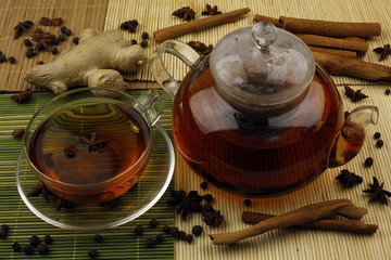 Teapot with black tea and spices