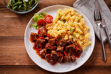 Overhead view of spicy hungarian beef in sauce