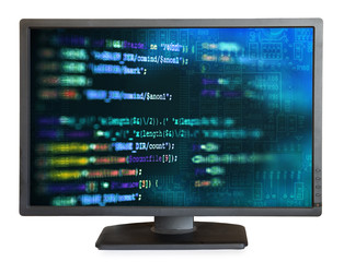 Computer monitor isolated on white background with software  programming code abstract technology...