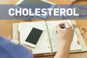 MEDICAL DOCTOR WORKING OFFICE AND CHOLESTEROL CONCEPT