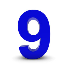 Blue Number Nine Isolated on White with Shadows 3D Illustration