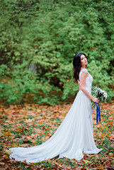 Obraz na płótnie Canvas Stunning bride in dress with silver embroidery stands on fallen autumn leaves