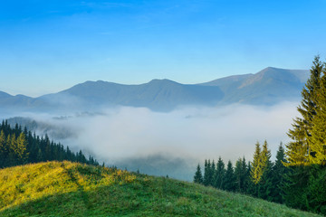 Dawn, shrouded in fog in mountains