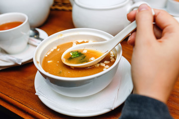 Japanese miso soup with spoon in restaurant