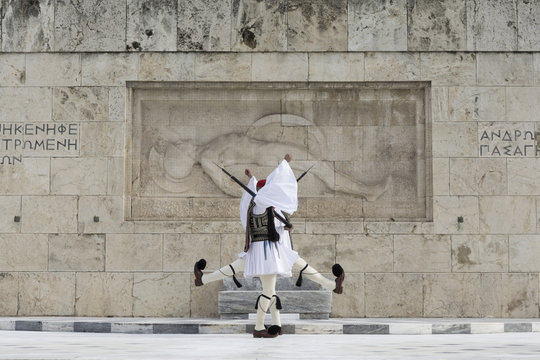 Greek traditional soldiers  front of the tomb of the Unknown Soldier