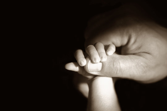 parent's hand holding newborn's hand. black and white
