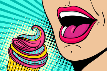 Sexy open female mouth eating colorful cupcake. Vector bright background in comic retro pop art style. - 137437694