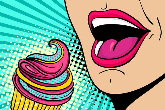 Naklejki Sexy open female mouth eating colorful cupcake. Vector bright background in comic retro pop art style.