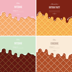 Cream melted on wafer background set. Ice cream cone close up. Cute design with sample text.