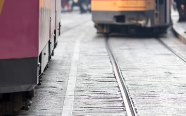 Typical tram railway in Milan, Italy