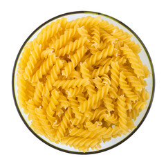 Raw pasta on a plate isolated on white, top view.