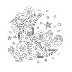 Contour image of moon crescent clouds stars in zentangle inspired doodle style isolated on white.