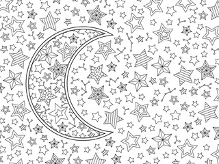 Contour image of moon crescent and stars in zentangle inspired doodle style. Horizontal composition. - 137439856
