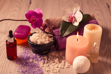 Spa nature products. Sea salt, aromatic oil and soap