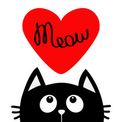 Happy Valentines Day. Black cat looking up to big red heart. Meow text. Cute cartoon character. Kawaii animal. Love Greeting card. Flat design style. White background. Isolated.