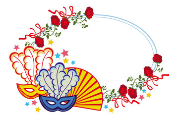 Color frame with carnival masks and red roses. Raster clip art.