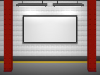 Blank advertising billboard at subway station vector template.