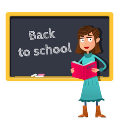 Back to school. Cartoon Female teacher with book in hand stands at the blackboard