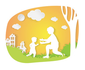 Father and son in city parks. Paper art vector