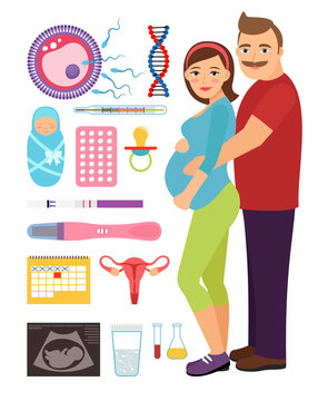 Young couple during pregnancy vector illustration. Problem and treatment of infertility, conceiving child maternity flat icons