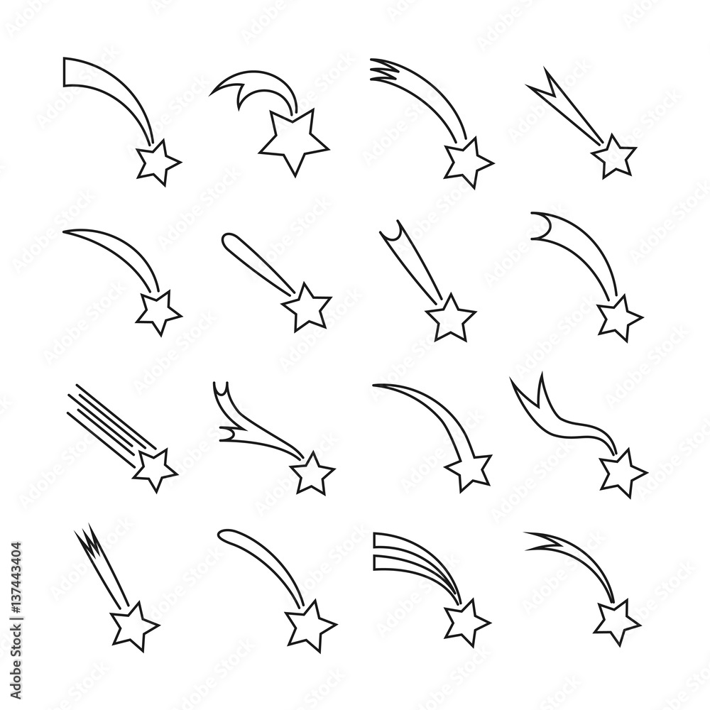Poster falling stars vector linear icons. shooting star set with meteorite tail