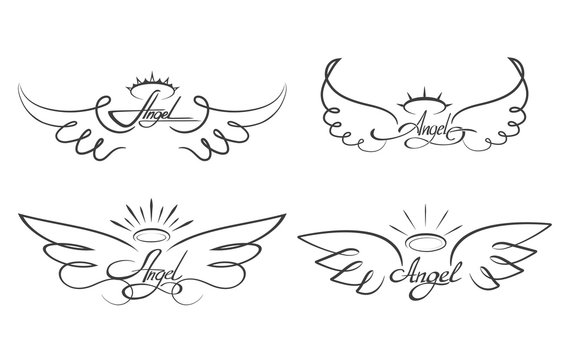 Angel wings drawing vector illustration. Winged angelic tattoo icons