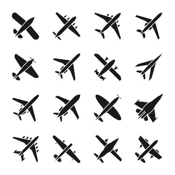 Plane vector icons. Fly and jet symbols. Airplane aviation silhouette signs isolated on white background