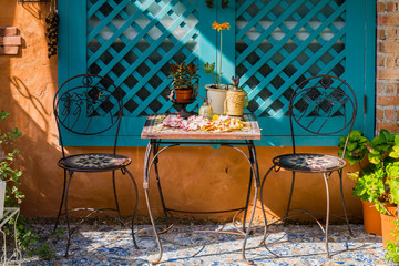 vintage steel table Set in the garden