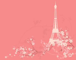 Fototapeta na wymiar spring Paris vector background with eiffel tower silhouette among blooming sakura tree branches