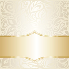 Floral wedding invitation wallpaper design in ecru & gold, with blank space