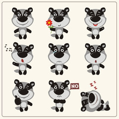 Funny little badger set in different poses. Collection isolated badger in cartoon style.