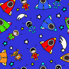 Seamless pattern with spaceship, astronauts, stars and comets