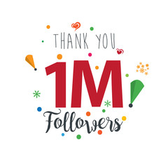 Thank you design template for social network and follower. Web user celebrates a large number of subscribers or followers. 1M Followers