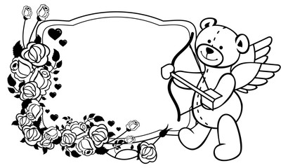 Fototapeta premium Oval label with outline roses and teddy bear. Raster clip art.