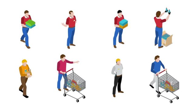 People in supermarket isometric video animation footage