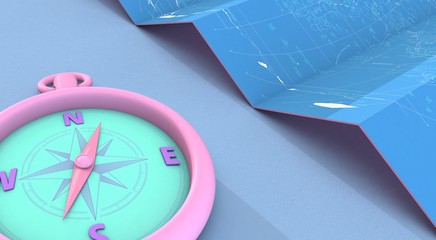 3d rendering blue maps and compass on blue Background