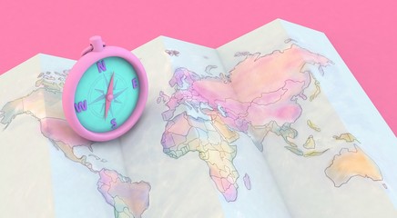 3d rendering Colorful maps and compass on pink Background