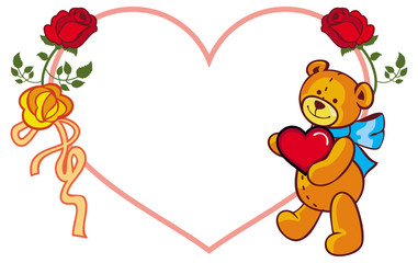 Heart-shaped frame with roses and teddy bear holding red heart. Raster clip art.