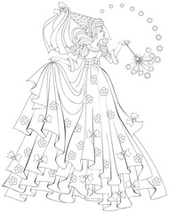 Fototapeta na wymiar Black and white illustration of beautiful fairy holding magic wand for coloring. Worksheet for children and adults. Vector image.