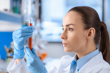 side view of serious scientist examining laboratory tube