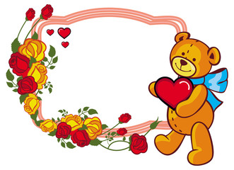 Oval label with red roses and cute teddy bear holding a big heart.