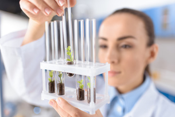 scientist holding laboratory tubes, focus on foreground