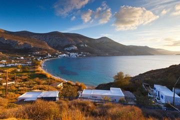 View of the Aegiali village over the sea, Amorgos island.