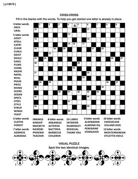 Puzzle page with criss-cross word game (English language) and visual puzzle. Black and white, A4 or letter sized.
