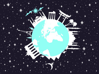 Fototapeta premium Planet earth in space. World landmarks of architecture. Travel around the world. Vector illustration
