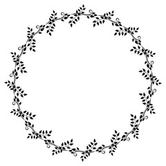 Round black and white frame with abstract decorative flowers. Vector clip art.