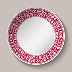 Decorative dish with red and white circular pattern. Empty Space for text in the center. Ornament in the style of ethnic porcelain painting.