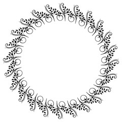Round black and white frame with abstract decorative flowers. Vector clip art.