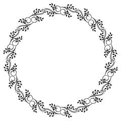 Round black and white frame with abstract decorative flowers. Vector clip art.
